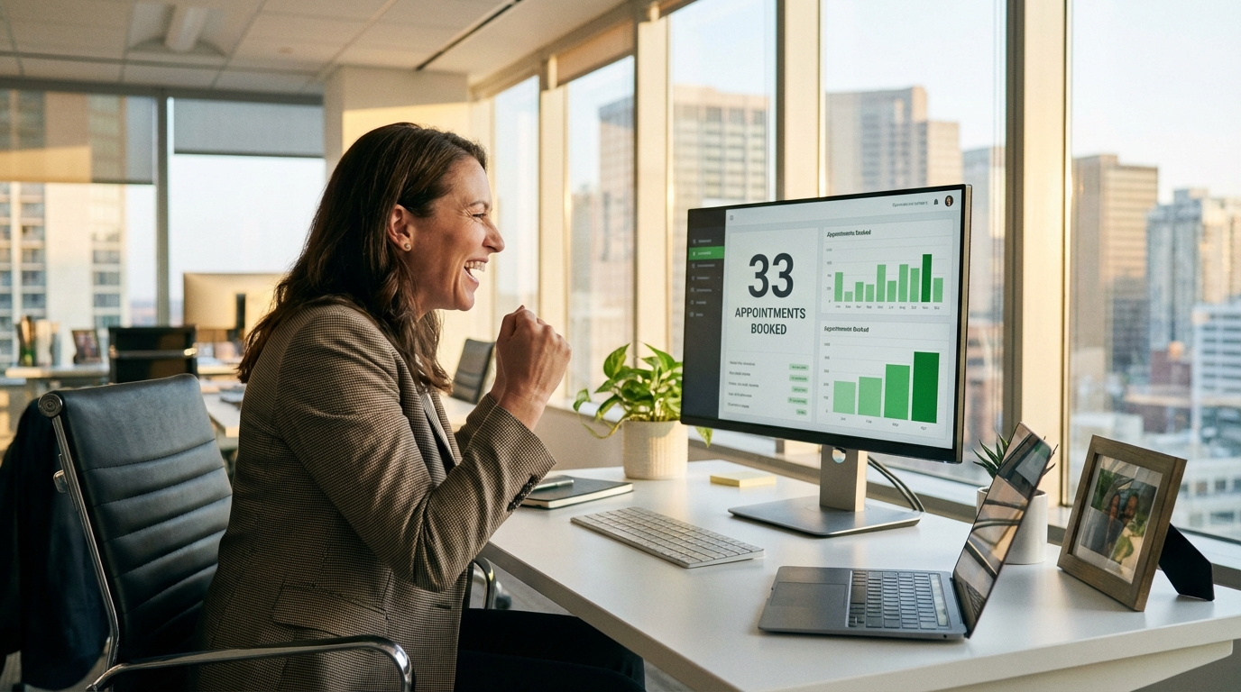 Financial advisor celebrating successful appointment dashboard