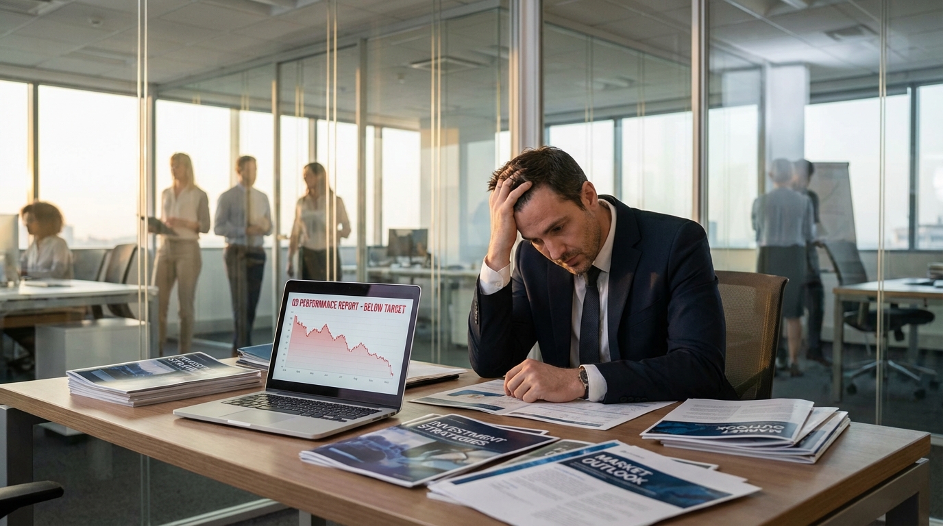 Financial advisor reviewing poor marketing results at desk