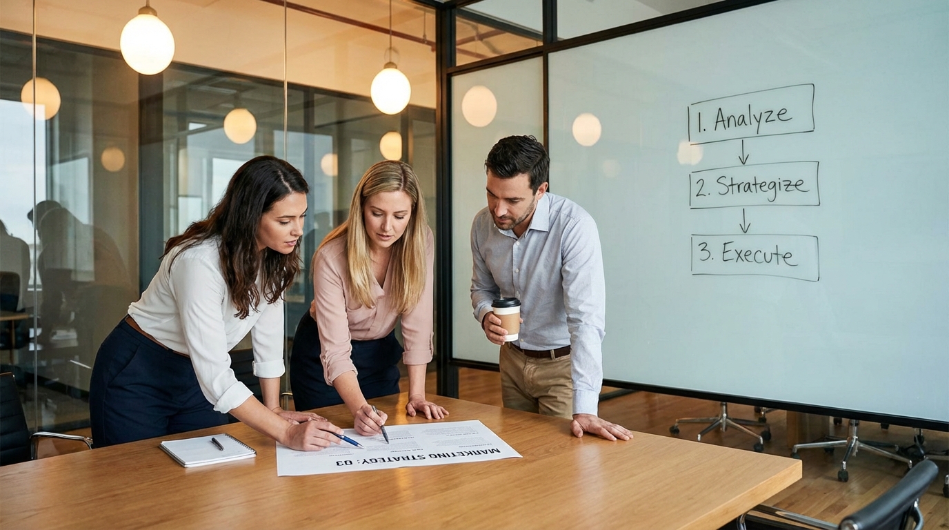Team reviewing marketing strategy with 3-step process on whiteboard
