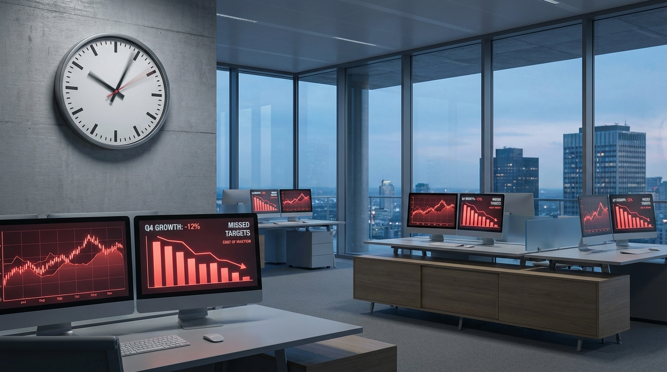 Empty office with financial charts showing declining growth