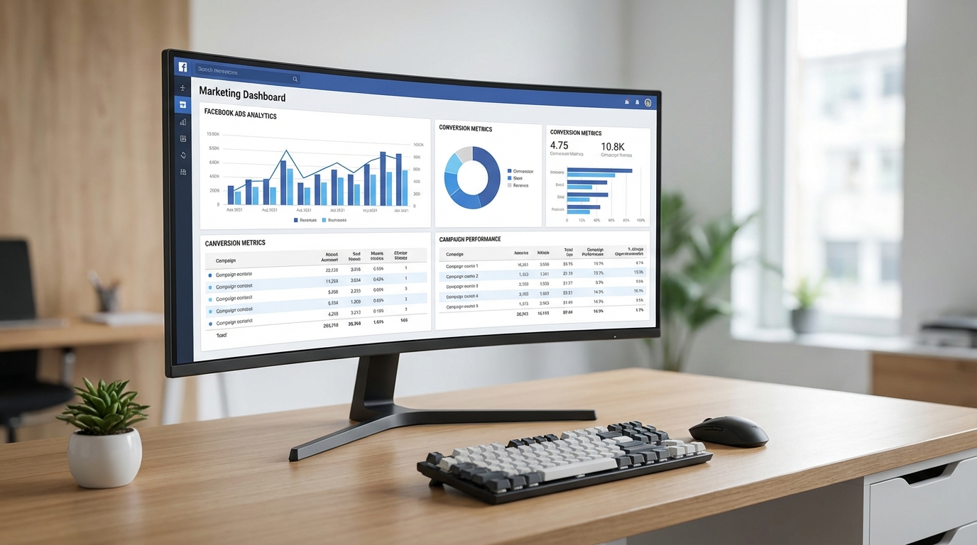 Marketing dashboard showing Facebook Ads analytics
